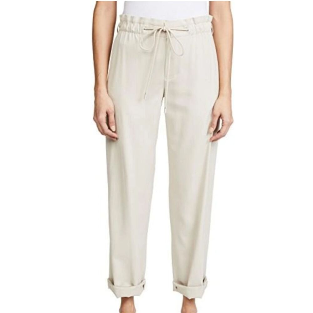 Vince Horchata Beige Twill Wide Leg Pants Drawstring Waist Pocket Detail Sz 10